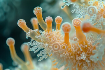 Aufkleber - A detailed view of yeast fungi in a nutrient-rich medium, showing enhanced cell growth,