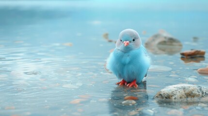 Wall Mural - A small blue bird standing in shallow water on rocks, AI