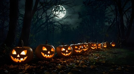 Wall Mural - Celebrate Halloween night with a Jack o Lantern design in a pumpkin forest under the dark moonlight. Generative AI