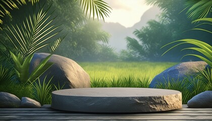 Wall Mural - presentation template product mockup stone rock circle podium with one stone pedestals with natural environment of tropical leaves and green grass