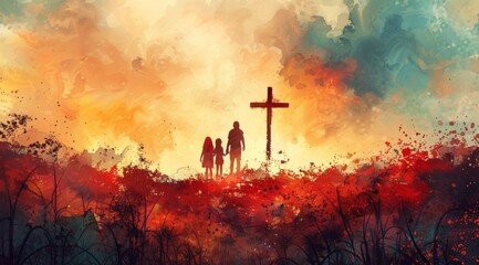 Wall Mural - Easter resurrection concept: Silhouette of a family looking for the cross of Jesus Christ 