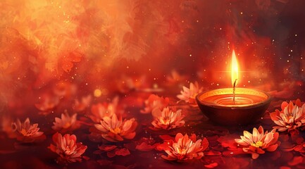 Wall Mural - Happy Diwali. Diya oil lamp and flowers on red background. Traditional Hindu celebration. Religious holiday of light. Vector watercolor style. text Digital corollary 