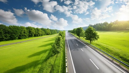 wide empty highway with a meadow of green trees around it on a sunny day with few clouds