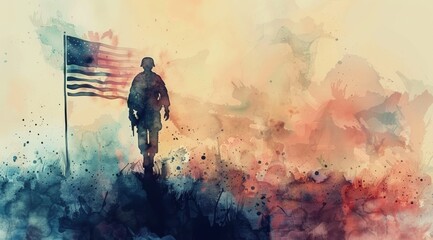 happy memorial day USA. American soldier with flag. Vector watercolor style. text Digital corollary 