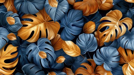 Poster -   Close-up of multicolored leaves on blue, yellow, and brown surface against black background