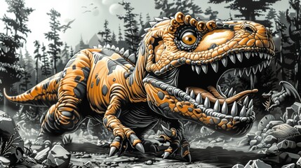 Wall Mural - A painting of a large dinosaur with big teeth in the woods, AI