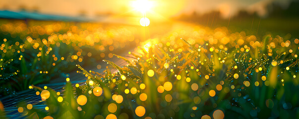 Wall Mural - Morning dew glistens on green grass in golden sunrise