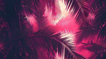 Wall Mural -   A close-up of a palm tree with a pink and purple light surrounded by palm fronds