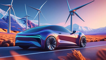 Wall Mural - electric car, solar power station