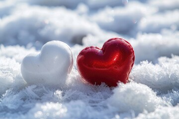 Winter Hearts. Red and White Hearts on Snow Background for Valentine's Day Concept