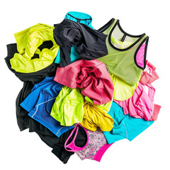 Wall Mural - A messy pile of workout clothes including leggings, sports bras, and tank tops in various neon colors, isolated on transparent background