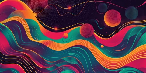 Wall Mural - Abstract Wave Pattern with Planets and Lines on Dark Background. Surreal Futuristic Digital Art