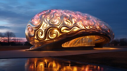 A brain-shaped building with fiber optic lights and metallic surfaces 