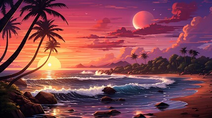 Wall Mural - A breathtaking sunset over a serene beach, with waves gently lapping the shore and palm trees silhouetted against the vibrant orange and pink sky.  