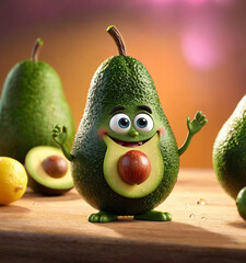 Anthropomorphic avocado with eyes, mouth, arms, and legs, holding its brown seed, surrounded by other realistic avocados and a raspberry on a wooden surface with foliage in the background.