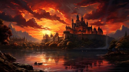 A captivating sunset over a historic castle, with the ancient stone walls and turrets silhouetted against the fiery sky, and a calm moat reflecting the colors.  