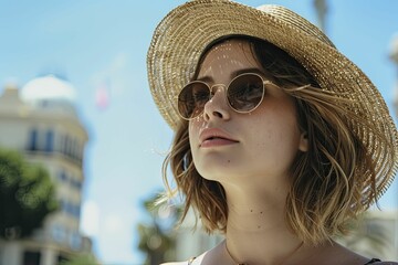 Exuding summer confidence in chic sunglasses and a straw hat, candid street style shot in bright sunlight, highlighting effortless summer fashion.