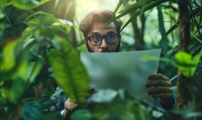 Man with glasses holding map in jungle