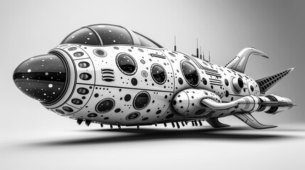 Wall Mural - A black and white drawing of a spaceship with many holes, AI