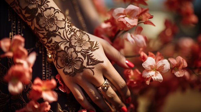 a close-up of a hand adorned with traditional indian henna designs, featuring paisleys and florals