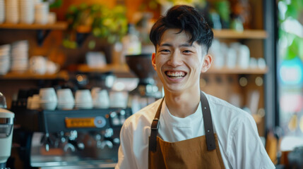 Wall Mural - Young barista in a cheerful apron poses in a cozy cafe with coffee machines in the background