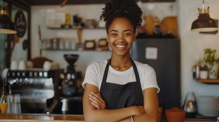 Wall Mural - Cheerful female barista with folded arms in a warm coffee shop