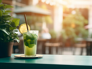 Wall Mural - A Glass of lemon juice with green and yellow lemon, Refreshing and healthy lemon juice ice in a glass with summer background, lemon juice photo