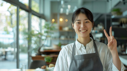 Wall Mural - Confident young waitress in apron posing with peace gesture in a modern cafe setting