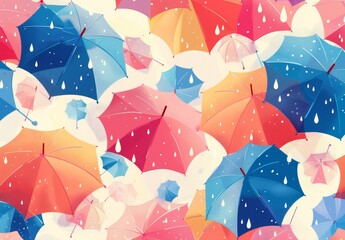 Canvas Print - A seamless pattern of colorful umbrellas in the sky, with raindrops falling, creating an atmosphere suitable for summer activities Generative AI
