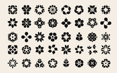 Wall Mural - collection of geometric flowers and shapes, modern minimalist style elements. black and white symbol