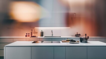 Wall Mural - A kitchen with a white counter top and some pots on it, AI