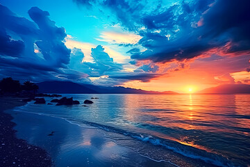 Wall Mural - A beautiful sunset over the ocean with a rocky beach in the background