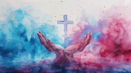 Wall Mural - Spiritual Watercolor Illustration of Hands and Cross in Sky Generative AI