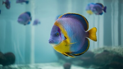 Sticker - A colorful fish swimming in an aquarium with other fishes, AI