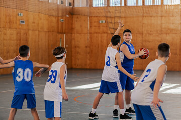 Wall Mural - A junior basketball players practicing basket on training at court.