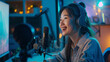 © Michael - Young woman with headphones speaks into a microphone, recording content for her podcast in a vibrant home studio