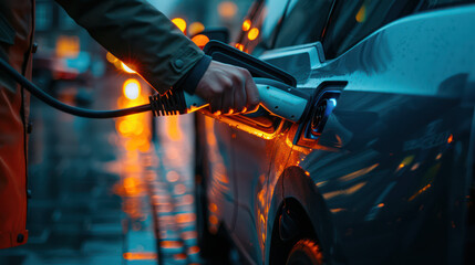 a man is charging  his electric car in rental company 