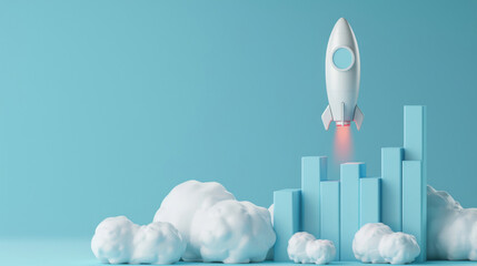 Aufkleber - 3d illustration of a white rocket taking off from a bar graph, symbolizing growth or startup success
