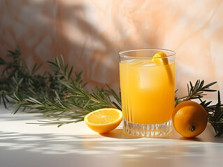 A Glass of orange juice with slice of orange, Refreshing and healthy orange juice ice in a glass with summer background, orange juice photo