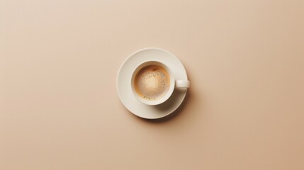 Wall Mural - A white coffee cup with a brown foam on top sits on a tan background