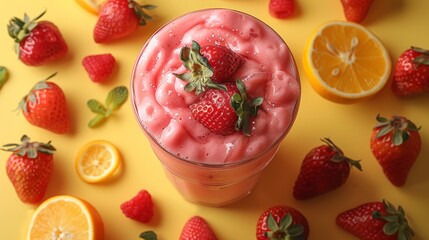 Wall Mural - A strawberry smoothie with floating fruit on a yellow background