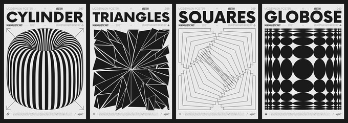 Leinwandbilder - Modern abstract poster collection, vector minimalist posters with geometric shapes in black and white, brutalist style inspired graphics, bold aesthetic, shape distortion effect set 10