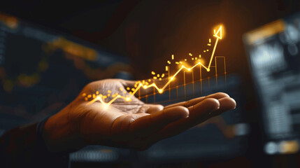 Poster - Close-up of an open hand displaying a glowing, upward-trending digital graph, symbolizing growth and success