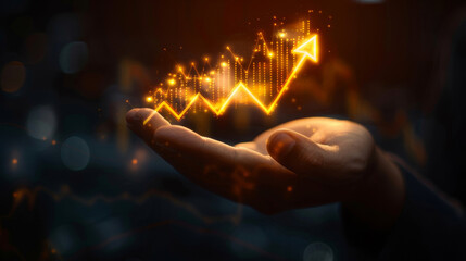 Poster - Conceptual image of a hand with an illuminated upward arrow chart, symbolizing growth
