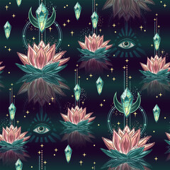 Wall Mural - Seamless mysterious pattern with lotus flower, magic glowing crystals, third eye, moon, scattered stars, sparkles. Mystical insight concept for meditation, clear consciousness. Vintage style.