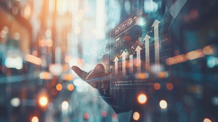 Poster - Hand presenting growth charts on a futuristic digital interface with city backdrop