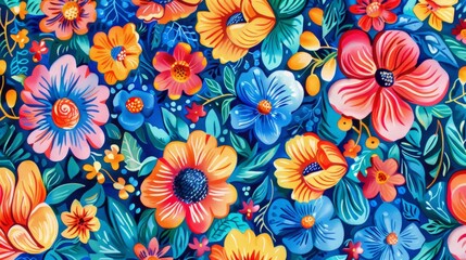 Wall Mural - a colorful floral pattern with a blue background