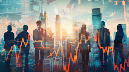 Poster - Cityscape and financial charts in background of professional silhouettes