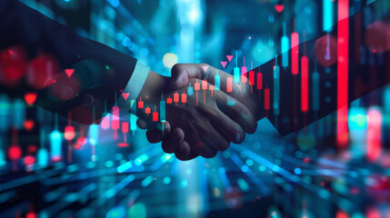 Wall Mural - Firm handshake in close-up juxtaposed with dynamic stock market graph