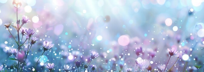 A background with light blue and purple tones, featuring small flowers scattered across the bottom edge of the canvas Generative AI